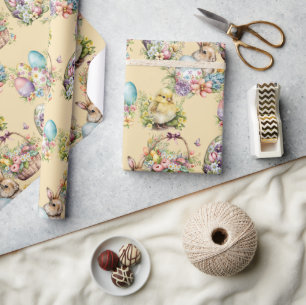 Pastel Easter Eggs, Bunny, Chick Floral Orange Wrapping Paper