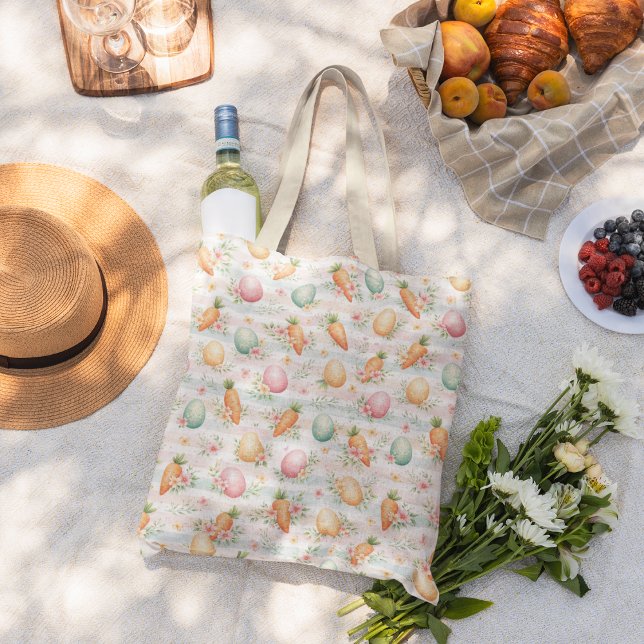 Pastel Easter Eggs & Carrots Watercolor Pattern Tote Bag (Creator Uploaded)
