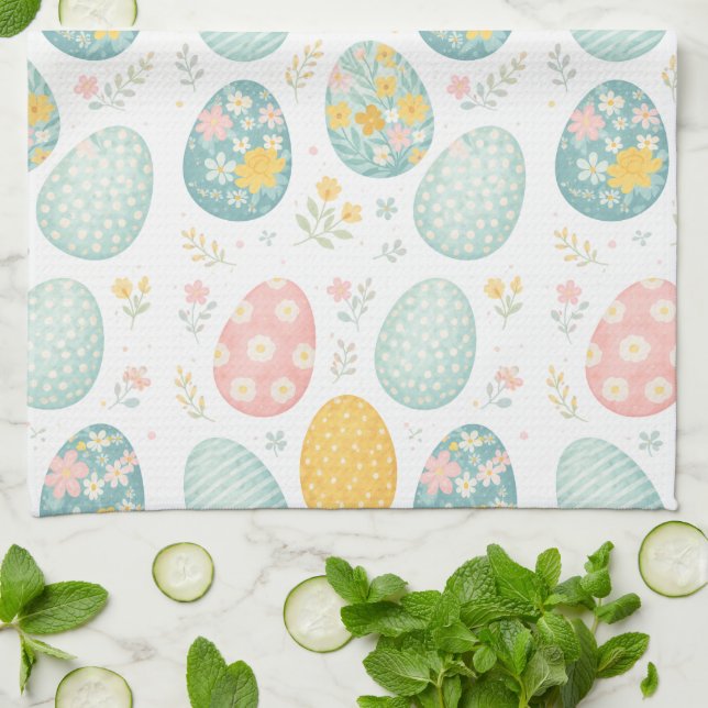 Pastel Easter Eggs Floral Pattern - Cute Spring  Tea Towel (Folded)