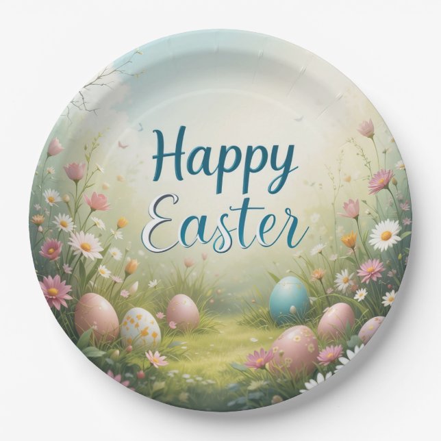 Pastel Easter Eggs in Spring Meadow Happy Easter Paper Plate (Front)