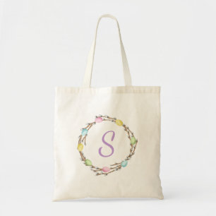 Pastel Easter Eggs Willow Wreath And Monogram Tote Bag