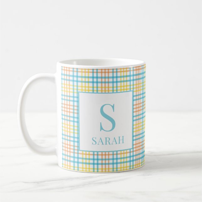 Pastel Easter Spring Plaid Monogram Name Coffee Mug (Left)