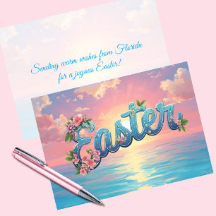 Pastel Easter Text Above the Ocean at Sunrise Holiday Card