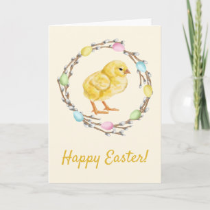 Pastel Easter Willow Wreath With Baby Chick Card