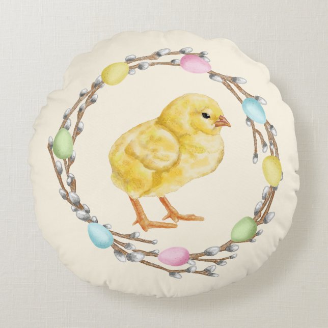 Pastel Easter Willow Wreath With Baby Chick Round Cushion (Front)