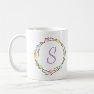Pastel Easter Willow Wreath With Purple Monogram Coffee Mug