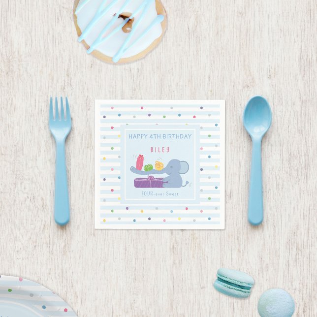 Pastel Elephant 4th Birthday Party Napkins (Cute pastel elephant 4th birthday napkins with sweet dots and stripes for your party.)