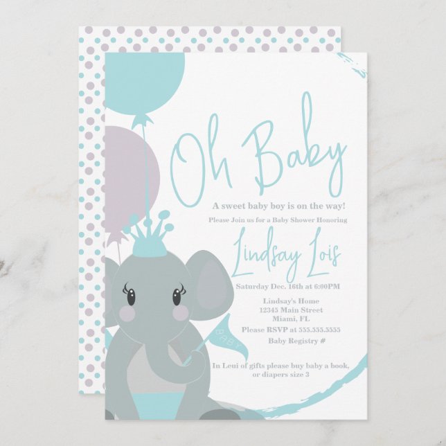 Pastel Elephant Baby Girl Script Baby Shower  Invitation (Front/Back)