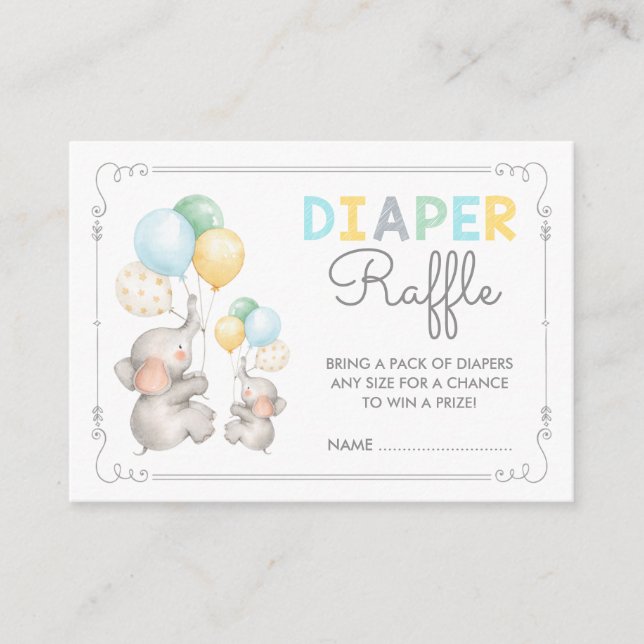 Pastel Elephant Diaper Raffle Jungle Safari Baby Enclosure Card (Front)