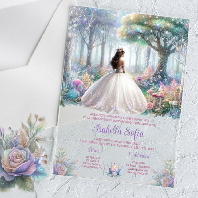 Pastel Enchanted Forest Quinceañera Acrylic Invitations (Enchanted forest Quinceanera acrylic invitation and any occasion invite. Simply add your details.)