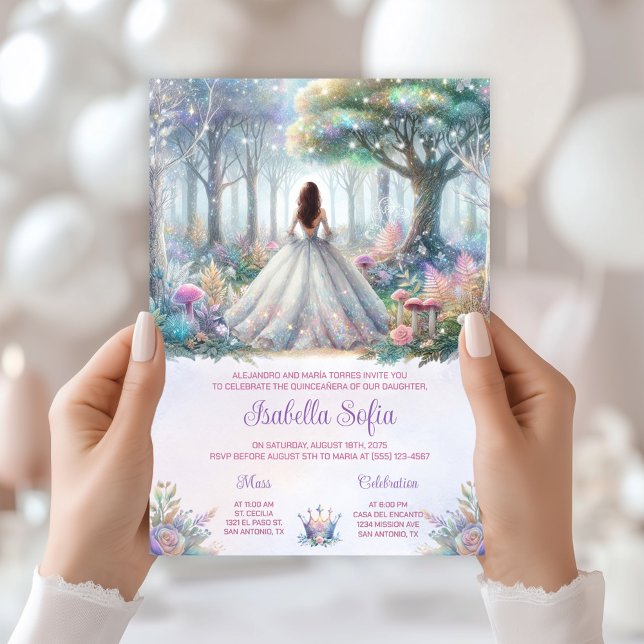 Pastel Enchanted Forest Quinceañera Invitation (Enchanted forest invitation with beautiful back view. All text can be changed as needed.)