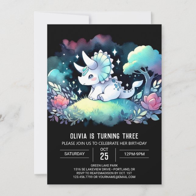 Pastel Enchanted Triceratops Birthday Invitation (Front)