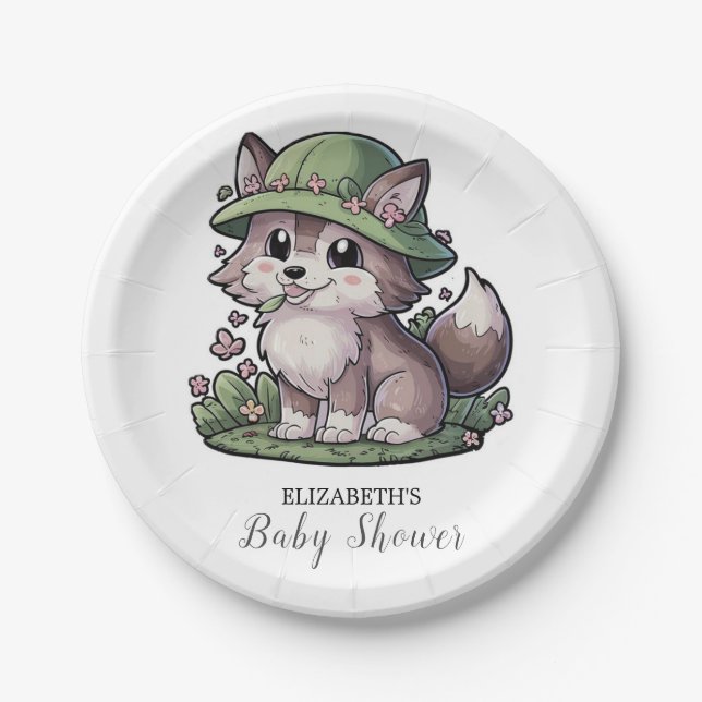 Pastel Enchanted Wolf Baby Shower Paper Plate (Front)