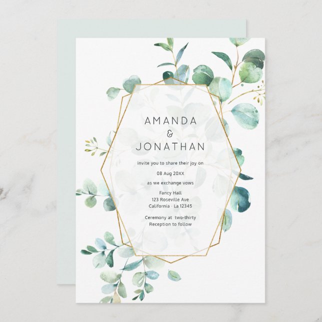 Pastel Eucalyptus Geometric Greenery Wedding Invitation (Front/Back)
