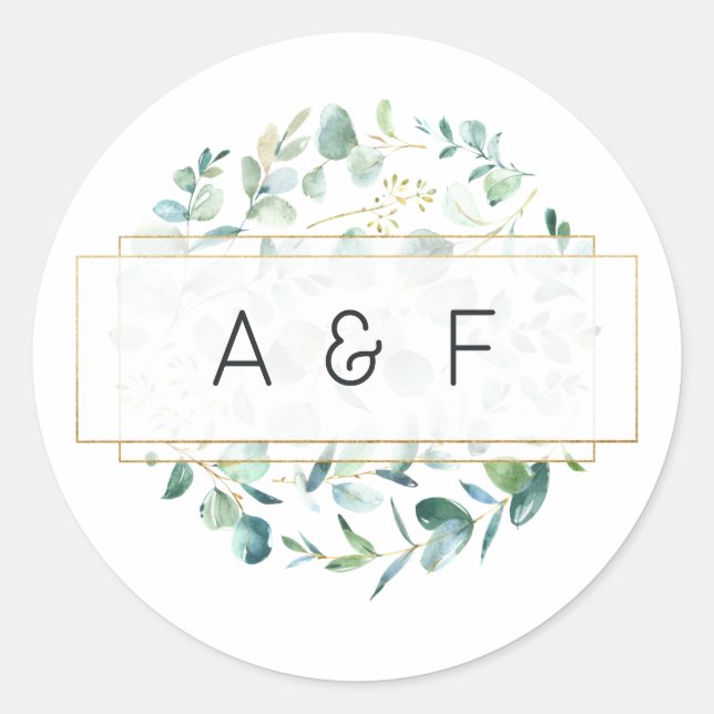 Pastel Eucalyptus Geometric Wedding Monogram Classic Round Sticker (Front)