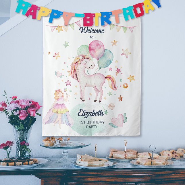 Pastel Fairy Balloon Unicorn Girl Birthday Welcome Tapestry (Pastel Fairy Balloon Unicorn Girl Birthday Welcome Tapestry)