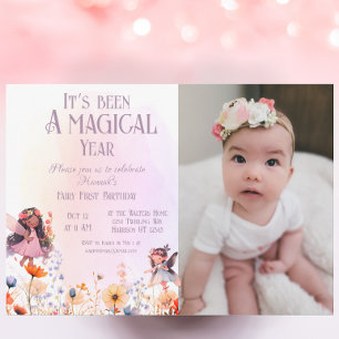 Pastel Fairy First Magic Birthday Photo Invitation