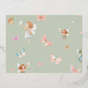 Pastel Fairy Pattern Cute Butterfly Nursery Design Foil Holiday Postcard