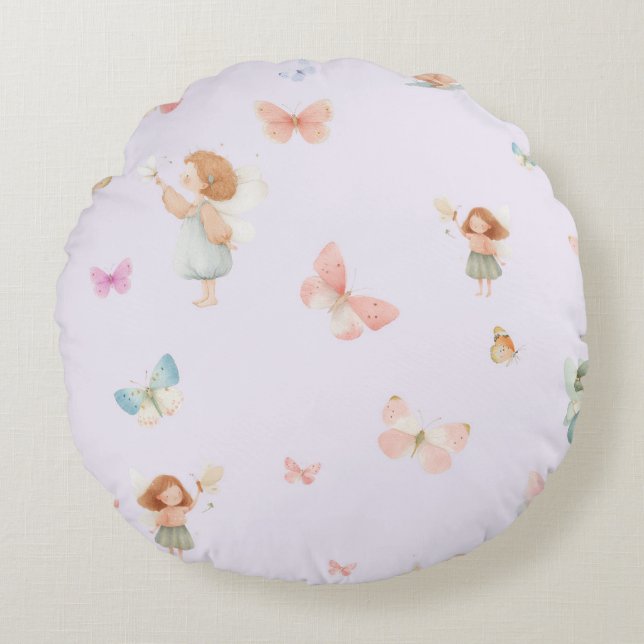 Pastel Fairy Pattern Cute Butterfly Nursery Design Round Cushion (Front)