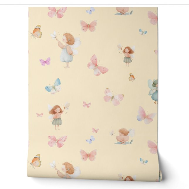Pastel Fairy Pattern Cute Butterfly Nursery Design Wallpaper (Unrolling)