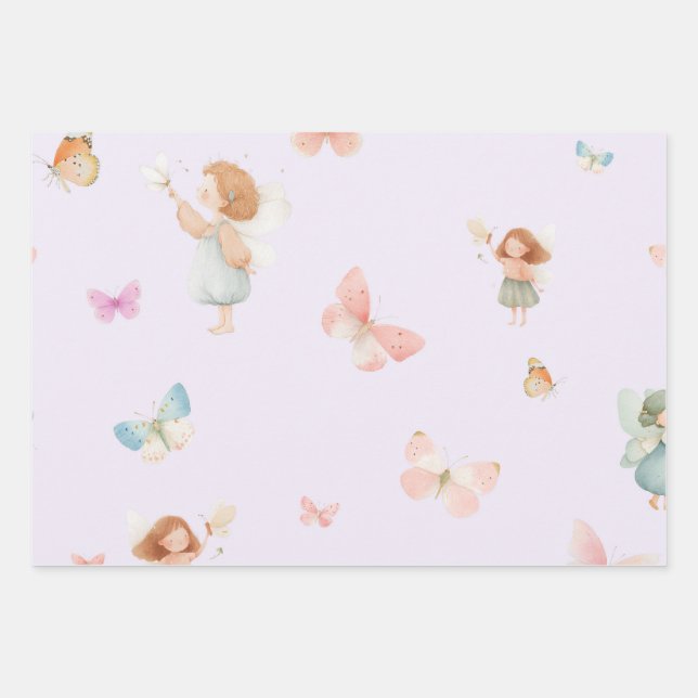 Pastel Fairy Pattern Cute Butterfly Nursery Design Wrapping Paper Sheet (Front)