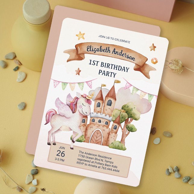 Pastel Fairytale Unicorn Castle Girl Birthday Invitation (Pastel Fairytale Unicorn Castle Kids Birthday Invitation)