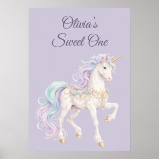 Pastel Fairytale Unicorn Sweet One Birthday Poster