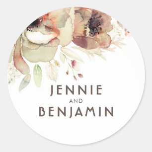 Pastel Fall Watercolor Vintage Flowers Wedding Classic Round Sticker