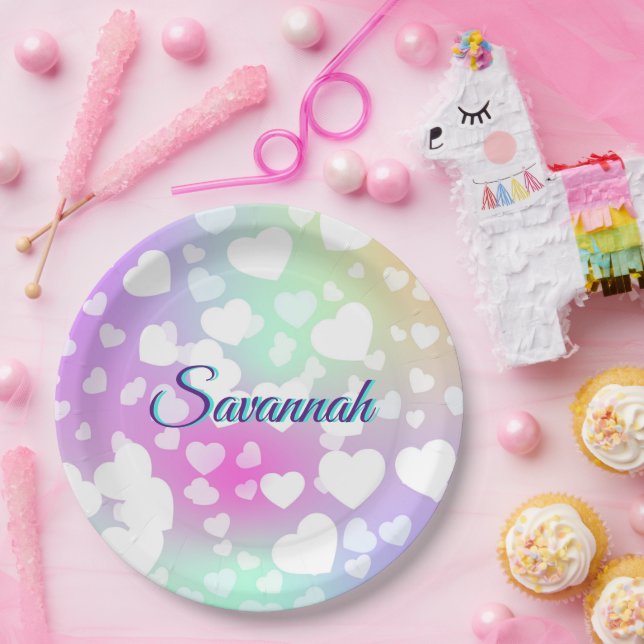 Pastel Falling Hearts Personalised      Paper Plate (Party)