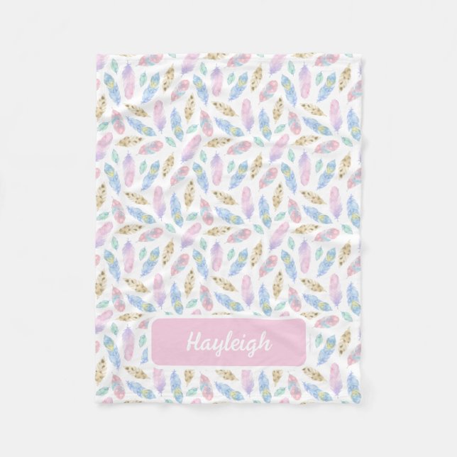 Pastel Feathers Pattern Personalised Fleece Blanket (Front)