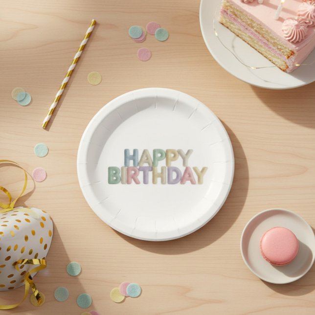  Pastel Felt Letters Happy Birthday Paper Plate (Creator Uploaded)