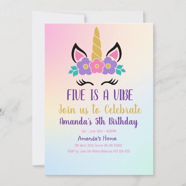 Pastel Five is a Vibe Unicorn Birthday  Invitation (Front)