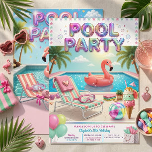 Pastel Flamingo Girl 10th Birthday Pool Party Invitation