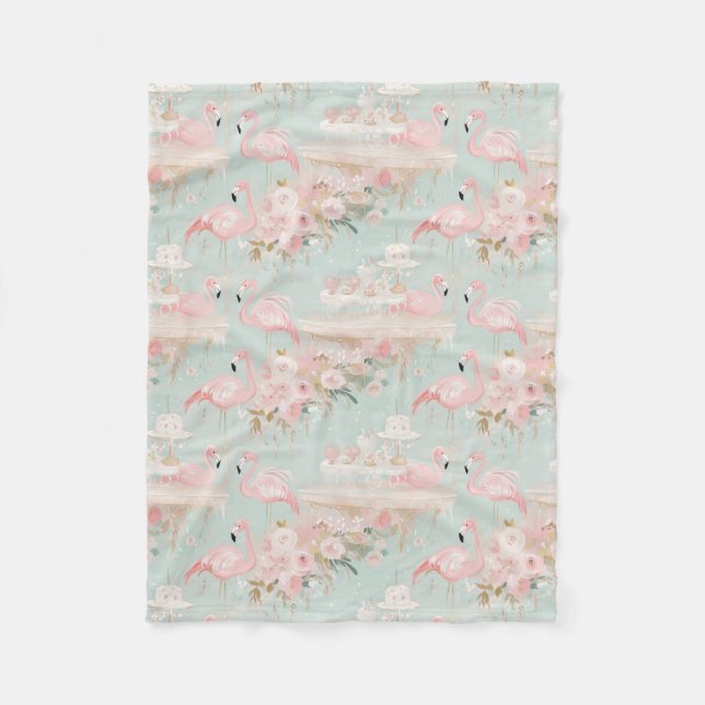 Pastel Flamingo Tea Party Pattern Fleece Blanket (Front)