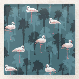 Pastel Flamingos On Teal Glass Coaster