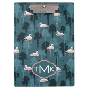 Pastel Flamingos On Teal   Monogram Clipboard