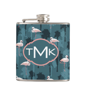 Pastel Flamingos On Teal   Monogram Hip Flask
