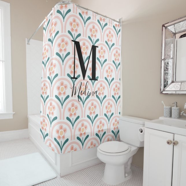 Pastel Flora Pattern Black Monogram Modern Script Shower Curtain (In Situ)