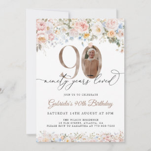 Pastel Floral 90th Birthday Invitation With Photo