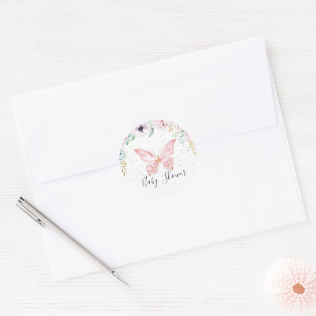 Pastel floral and butterfly baby shower  classic r round sticker (Envelope)