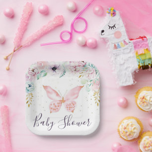 Pastel floral and butterfly baby shower paper pla plate