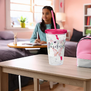 Pastel floral and butterfly personalised acrylic tumbler