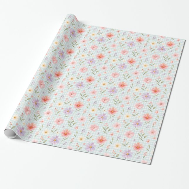 Pastel Floral Aqua Gingham Watercolor Gift Wrap (Unrolled)
