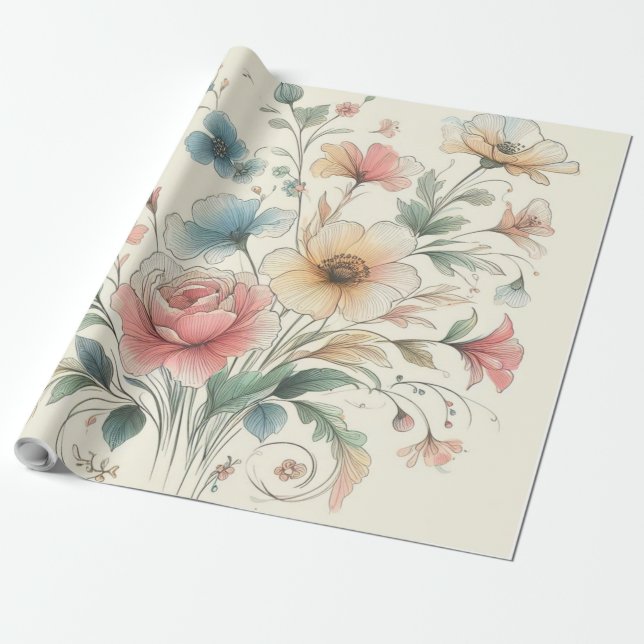 pastel floral art water colours  wrapping paper (Unrolled)