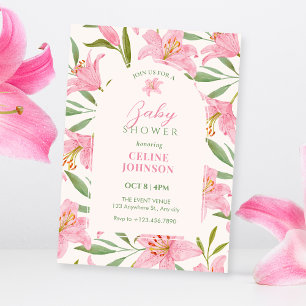 Pastel floral bloom lily pink green baby shower invitation