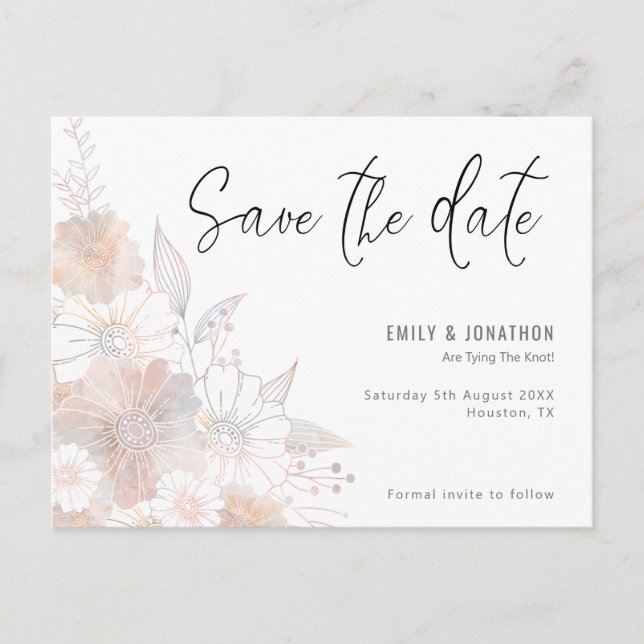 Pastel Floral Blush Grey Wedding Save The Date Postcard (Front)