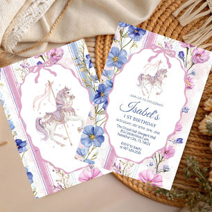 Pastel Floral Carousel Watercolor girl Birthday  Invitation