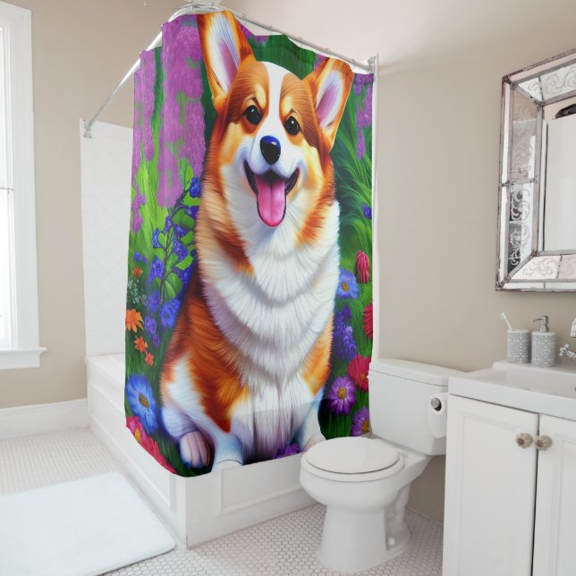 Pastel Floral Corgi Shower Curtain (In Situ)