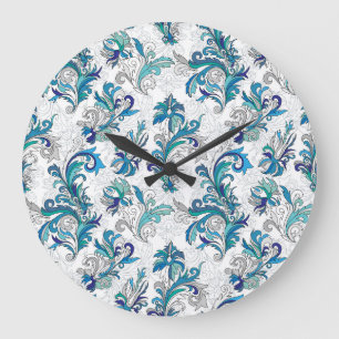 Pastel Floral Doodle Vintage Pattern. Large Clock
