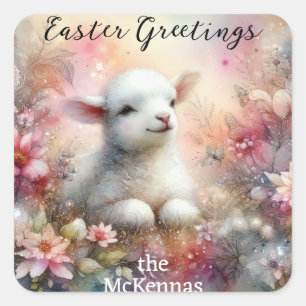 Pastel Floral Easter Greetings Watercolor Lamb Square Sticker